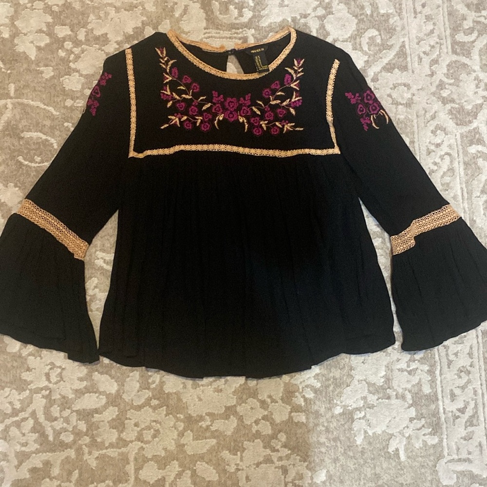 Embroidered Black Top with Purple Floral Accents